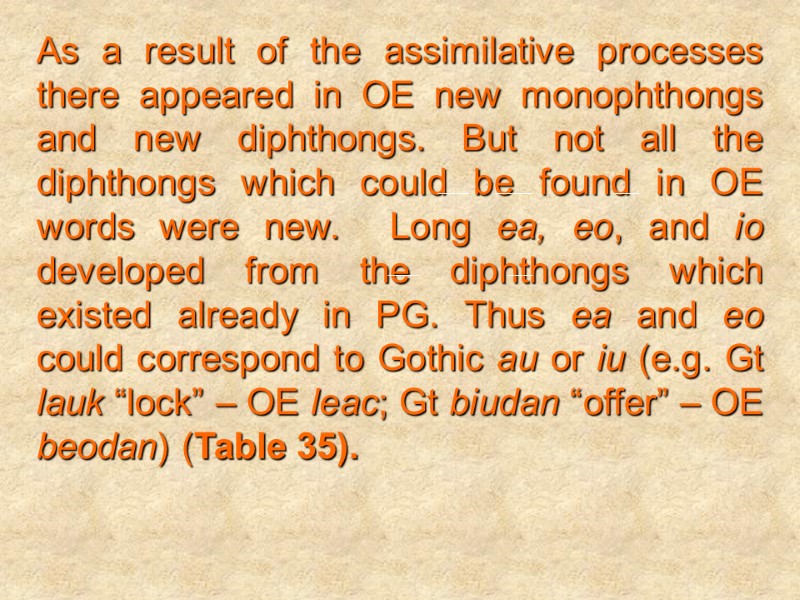 As a result of the assimilative processes there appeared in OE new monophthongs and